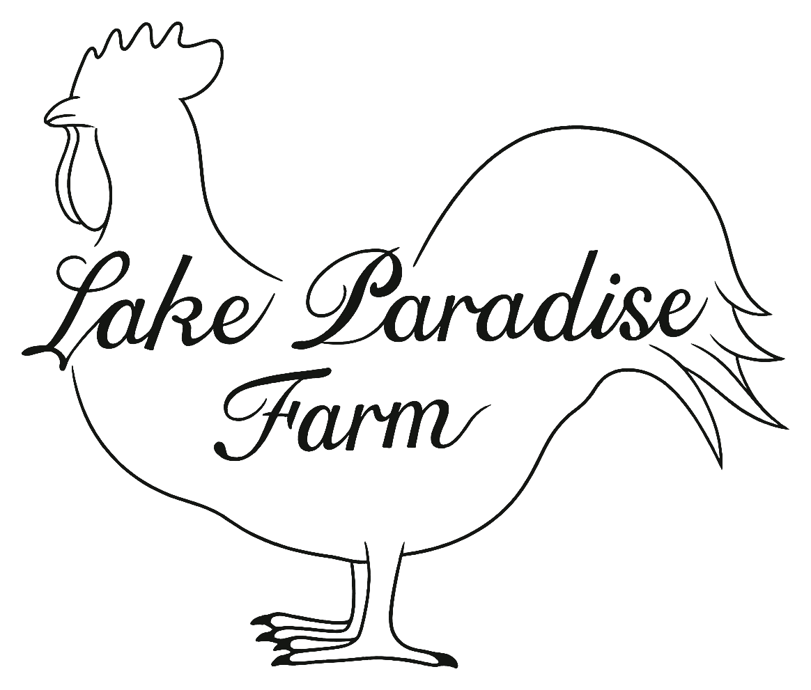 Lake Paradise Farm — a hand-drawn rooster with the farm name in script